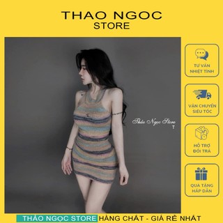  Đầm len body cổ yếm sọc màu hàng nhập!  có sẵn hình thật  THẢO NGỌC STORE 