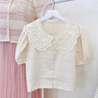 darlingbae / ÁO SƠ MI CỔ SEN THÊU HOA KHUY NGỌC - Áo thô boil đũi ren hoa QC cộc tay dáng ngắn croptop ulzzang HQ #3718
