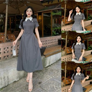 CE39 - Váy Thiết Kế Evii dành cho nữ, Đầm thiết kế cổ bẻ, tay xẻ cách điệu, nơ liền (tặng kèm 2 tag cài) dáng A xòe dài