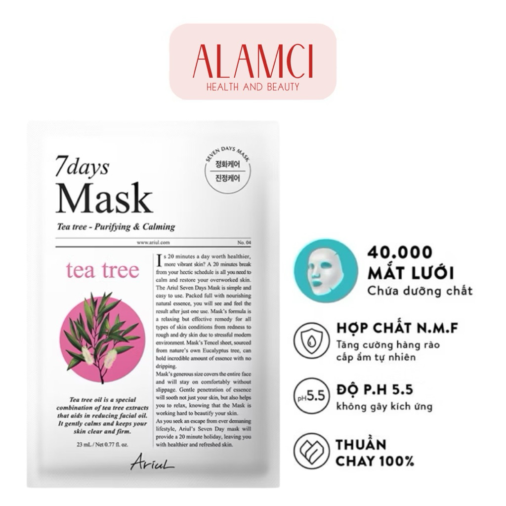 Mặt Nạ Giảm Mẫn Đỏ & Cải Thiện Da Mụn Tràm Trà Ariul 7 Days Mask Tea Tree Purifying Sheet Mask 23ml