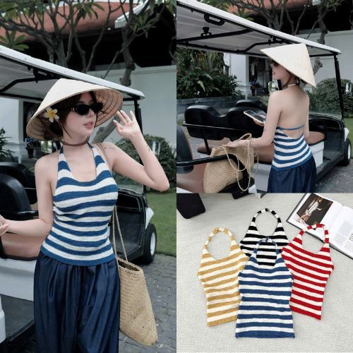 Áo len body nữ 2 dây cổ yếm sọc kẻ ngang dáng ôm