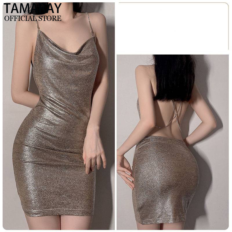 Phụ nữ Sexy Deep V Backless Metal Chain Slim Sling Sling lụa Pajama Set Đồng phục quyến rũ Set