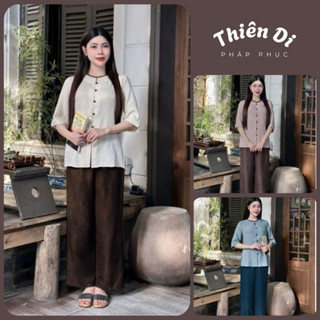 Pháp phục lễ chùa nữ Thiên Di đồ lam đi chùa cổ tròn phối nút bọc vải đũi D41