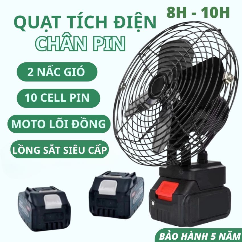 Quạt tích điện pin 10-20 Cell dùng liên tục 6-12H, Pin Makita, Quạt khung kim loại 2 cấp độ gió siêu mát.