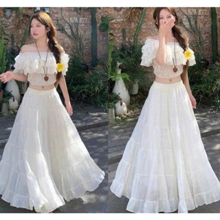 set áo croptop trễ vai bèo phối chân váy dài xòe NTV BELEZA