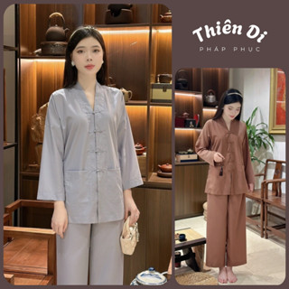 Đồ lam đi chùa nữ la hán Thiên Di, quần áo pháp phục truyền thống cho Phật tử chất kate silk D22