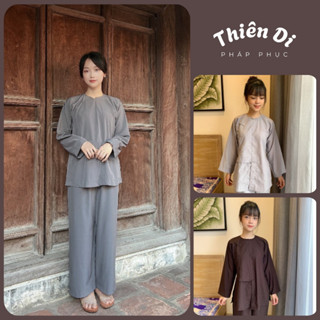 Đồ lam đi chùa nữ vạt hò Thiên Di, quần áo pháp phục truyền thống cho Phật tử chất kate silk D23