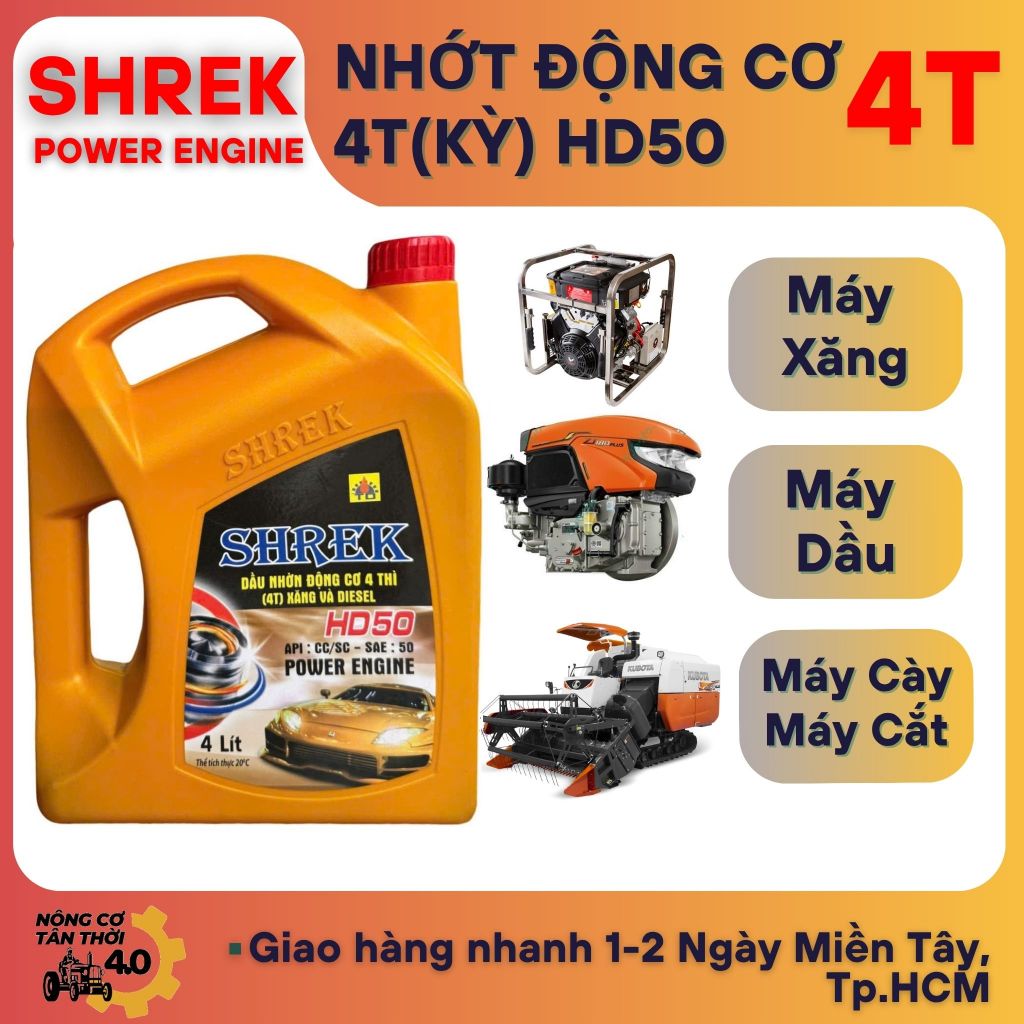 [Freeship] Nhớt động cơ xăng, dầu diesel HD50 Shrek can 4L tàu ghe, máy kéo, máy cắt, máy cày nông n