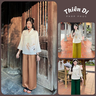 Đồ lam nữ Thiên Di lụa thêu hạc cao cấp – pháp phục đi chùa sang trọng cho Phật tử D05