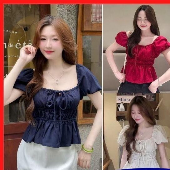 Áo babydoll linen kiểu xinh tay phồng tiểu thư công chúa bo thân nơ coquette ngực xinh xắn Samtitclothing MA329
