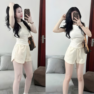 Set đồ nữ mùa hè áo thun ôm body thêu chữ bad quần short lưng thun chất liệu umi mặc hè