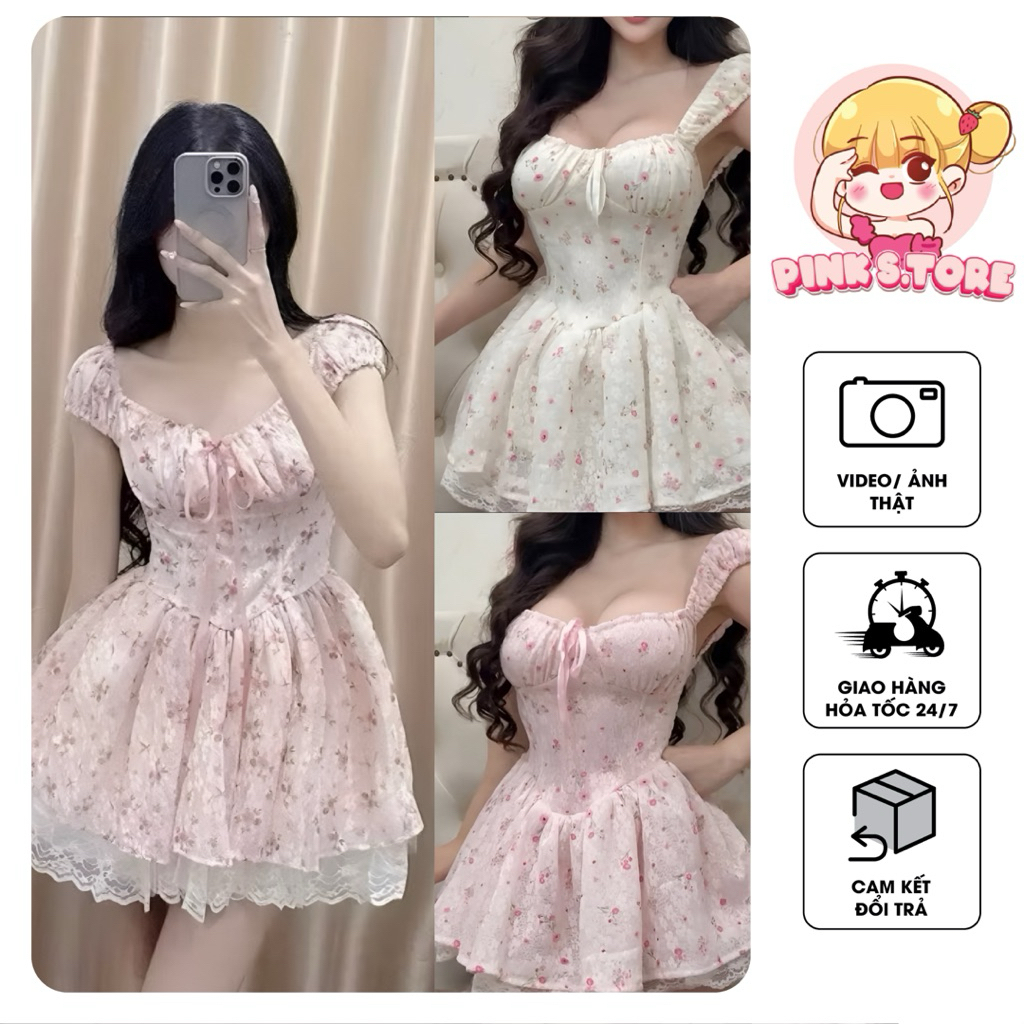 ĐẦM XOÈ NGẮN HOA NHÍ RÚT NGỰC PHỐI VÁY VIỀN REN TIỂU THƯ