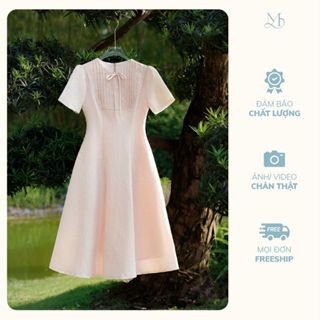Váy Nữ Dài Xòe YAME Ngắn Tay Cổ Tròn Màu Hồng & Kem Xếp Ly Ngực Viền Ren Đính Nơ Trang Trí YV649