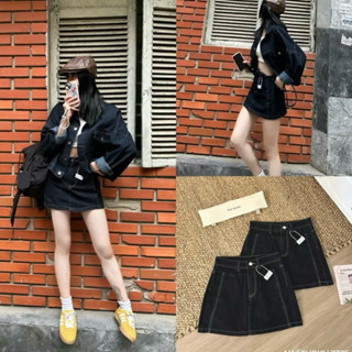 Chân Váy Jeans Mini Skirts Dáng A Viền Chỉ Nổi chất Denim Mềm CÓ QUẦN BẢO HỘ Chân Váy Chữ A màu Xanh Đậm phối Tag Da