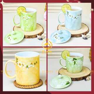 Cốc sứ có nắp vân đá hoa nổi gốm Bát Tràng cao cấp, ly sứ có quai cầm đẹp mắt, sang trọng