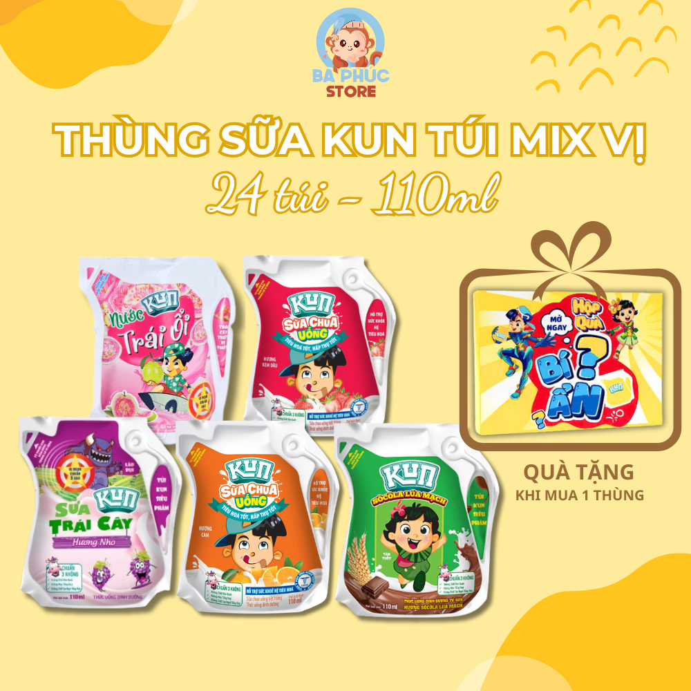 [MUA 1 THÙNG TẶNG 1 QUÀ] Sữa KUN túi Mix đủ 5 vị Sữa Chua Uống KUN túi 110ml Thùng 24 túi