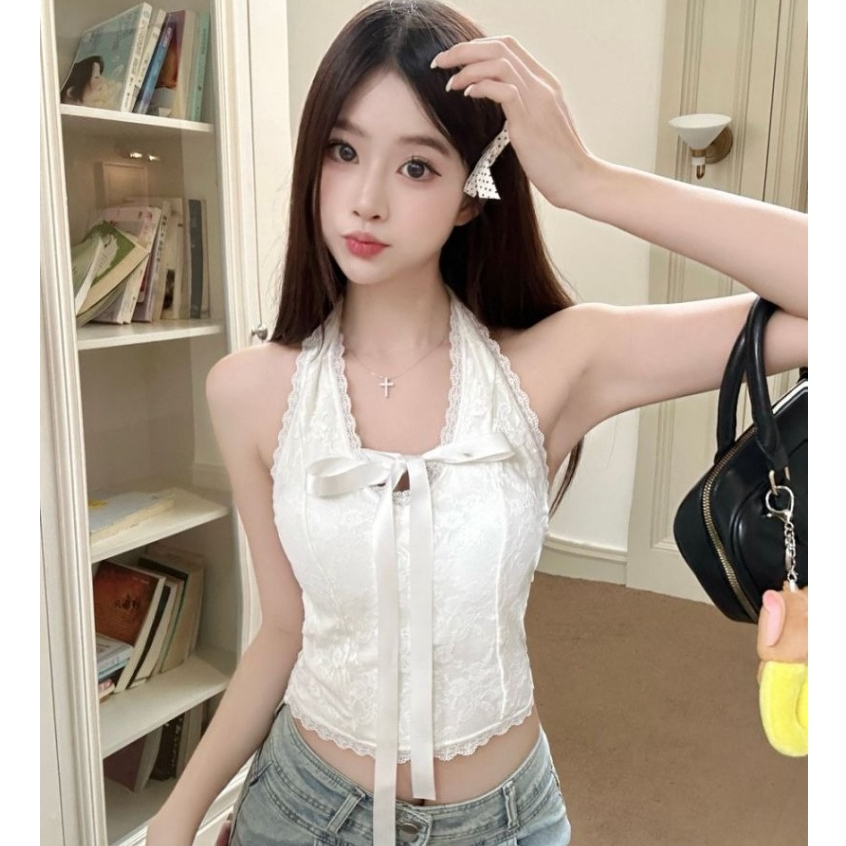 [ÁO QCCC CÓ MÚT] Áo cổ yếm ren áo kiểu cho nữ có mút hở lưng QCCC Áo thun croptop quây thắt nơ xinh xắn Áo tank top AT29 | BigBuy360 - bigbuy360.vn