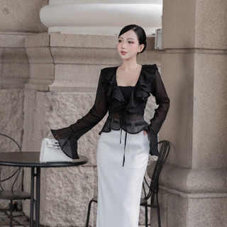 áo kiểu bèo nhún nữ voan trong suốt xuyên thấu tặng kèm áo quây ren bên trong freesize >57kg rose