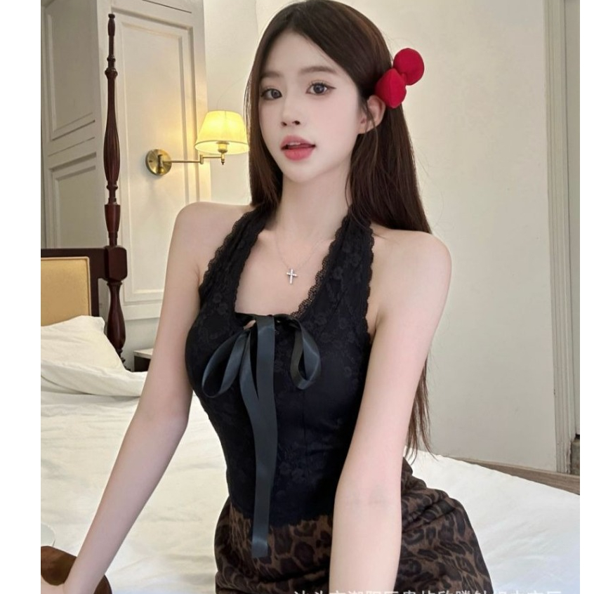 [ÁO QCCC CÓ MÚT] Áo cổ yếm ren áo kiểu cho nữ có mút hở lưng QCCC Áo thun croptop quây thắt nơ xinh xắn Áo tank top AT29 | BigBuy360 - bigbuy360.vn