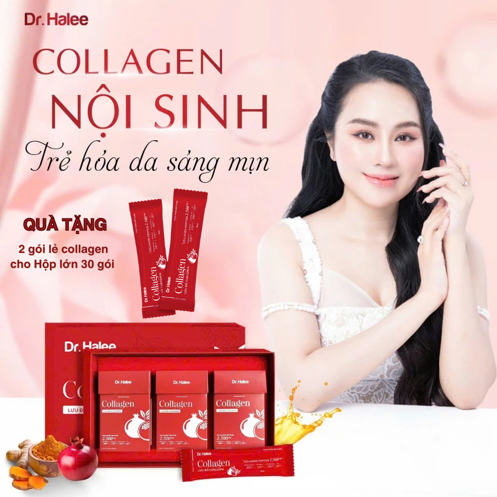 [ Hộp 30 Gói + Tặng 2 Mặt Nạ ] Nước Uống Collagen Lựu Đỏ Curcumin Dr.Halee 15ml