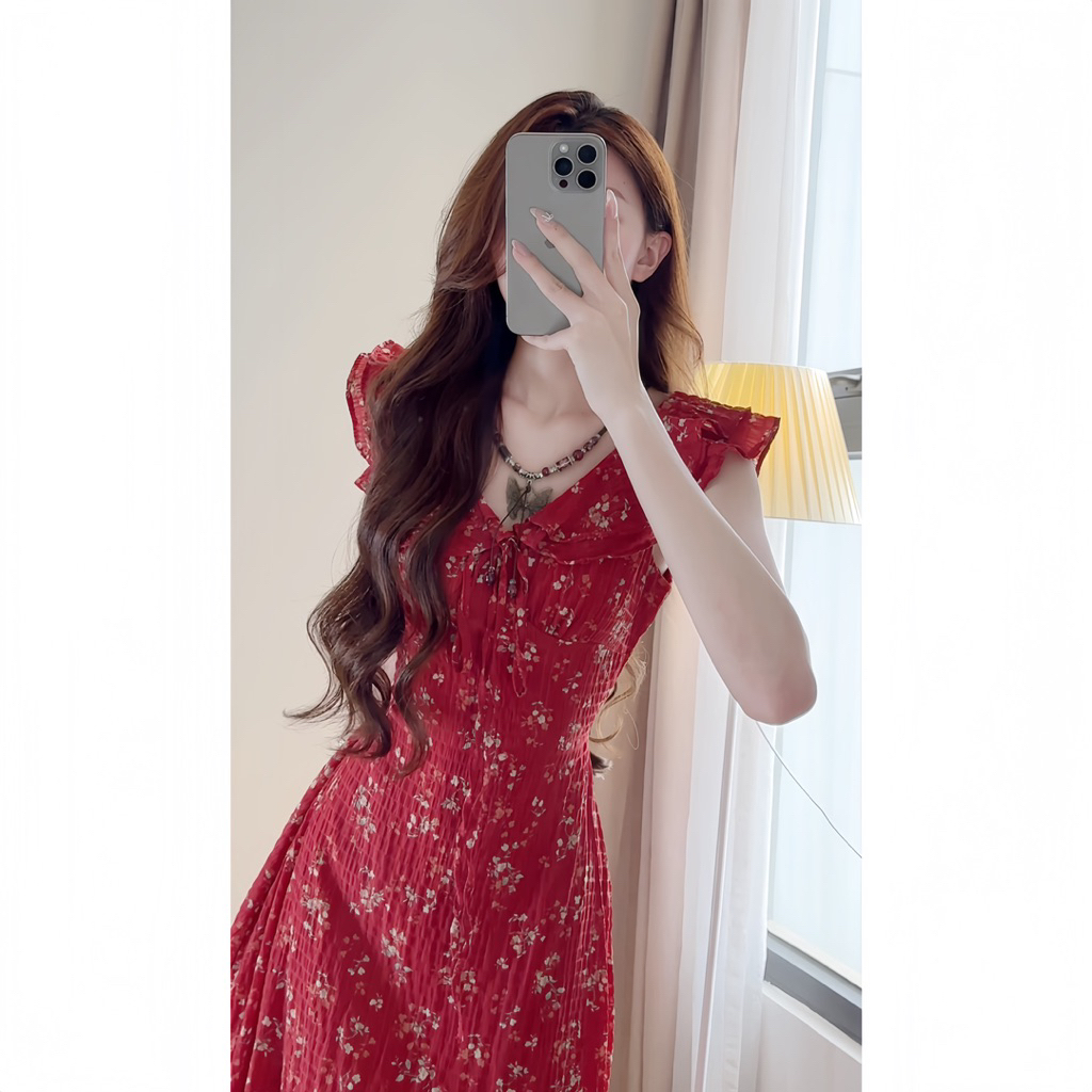 Váy hoa nhí dáng dài phối cổ bèo đi biển siêu xinh xixeoshop - V49 | BigBuy360 - bigbuy360.vn