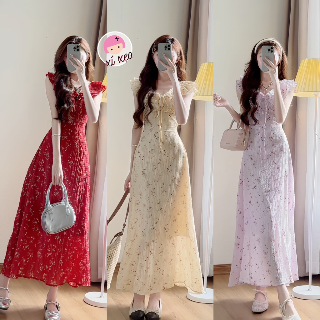 Váy hoa nhí dáng dài phối cổ bèo đi biển siêu xinh xixeoshop - V49 | BigBuy360 - bigbuy360.vn