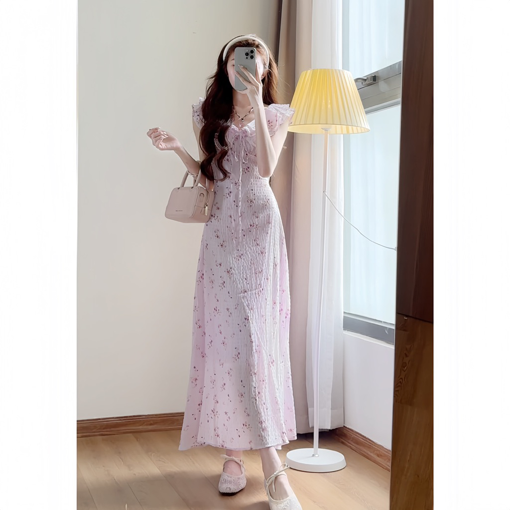 Váy hoa nhí dáng dài phối cổ bèo đi biển siêu xinh xixeoshop - V49 | BigBuy360 - bigbuy360.vn