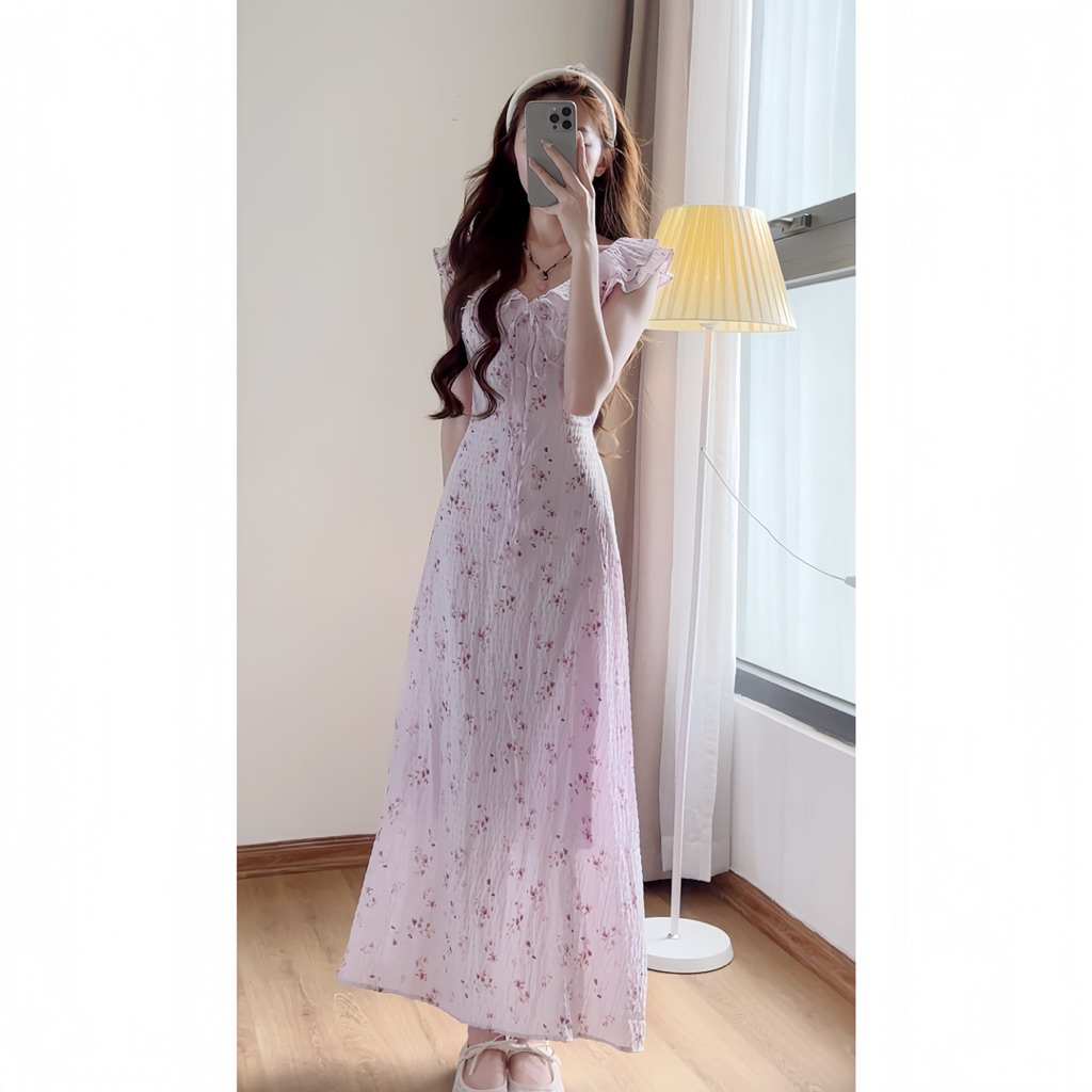 Váy hoa nhí dáng dài phối cổ bèo đi biển siêu xinh xixeoshop - V49 | BigBuy360 - bigbuy360.vn