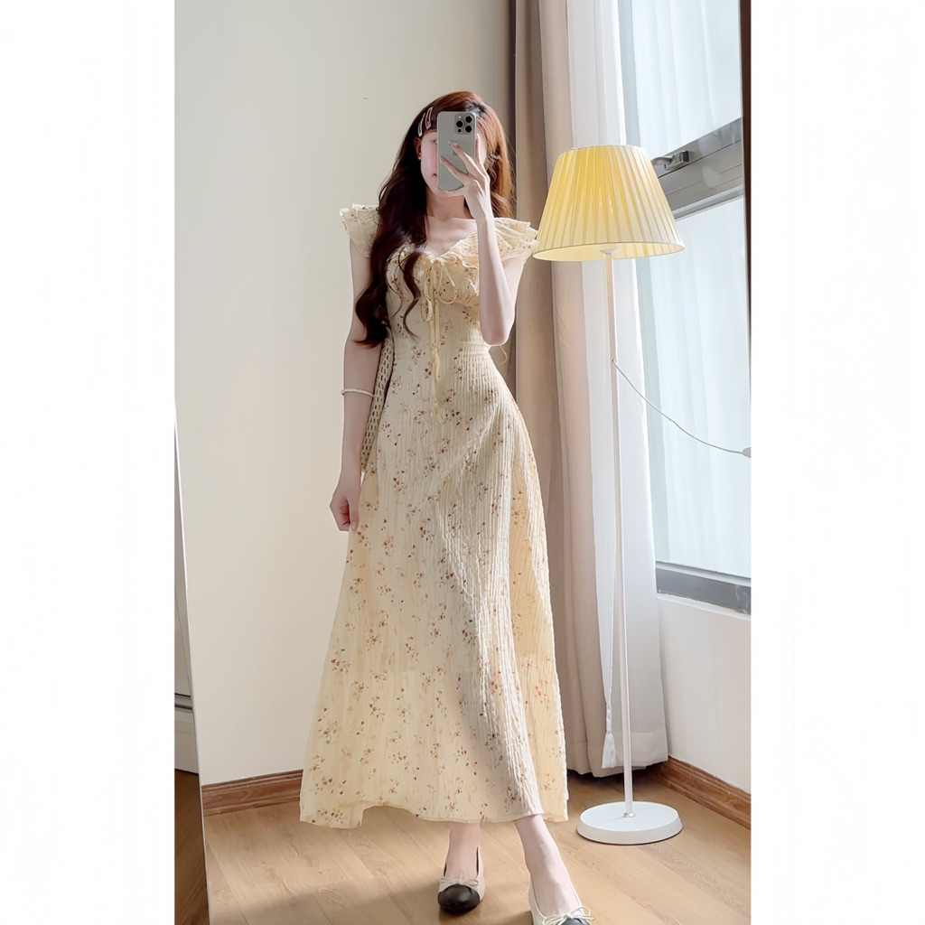 Váy hoa nhí dáng dài phối cổ bèo đi biển siêu xinh xixeoshop - V49 | BigBuy360 - bigbuy360.vn