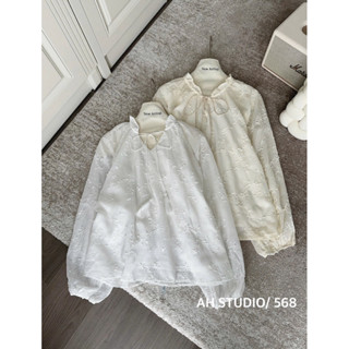 Áo babydoll hoạ tiết thêu hoa tay chuông cổ bèo thắt nơ A568