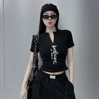 Áo thun nữ form ôm cổ trụ | in chữ believe in yourself | thun cotton co giãn nhiều màu