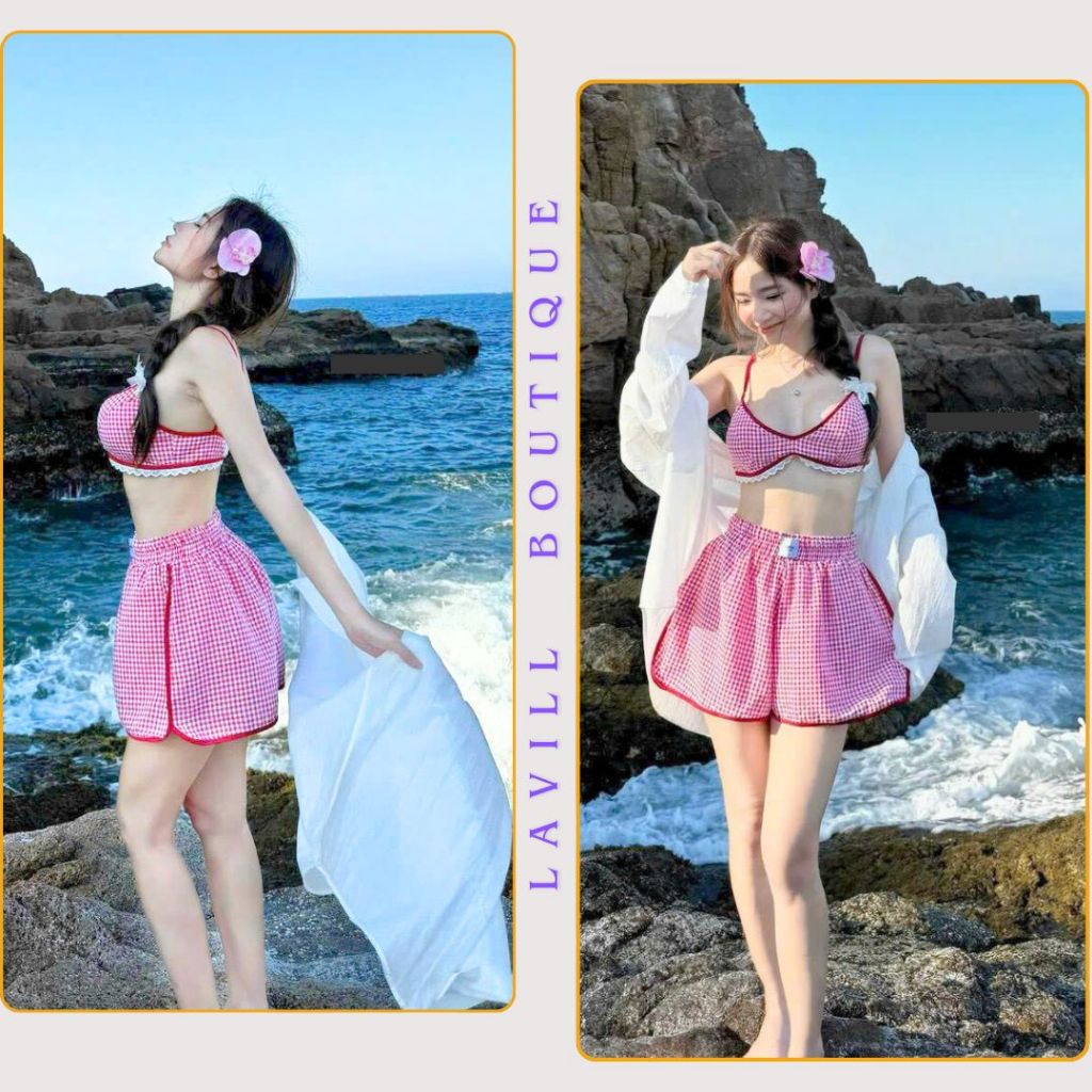Set đồ biển Áo sơ mi tơ dập kèm áo bra đệm mút mix quần short caro tone hồng năng động quyến rũ