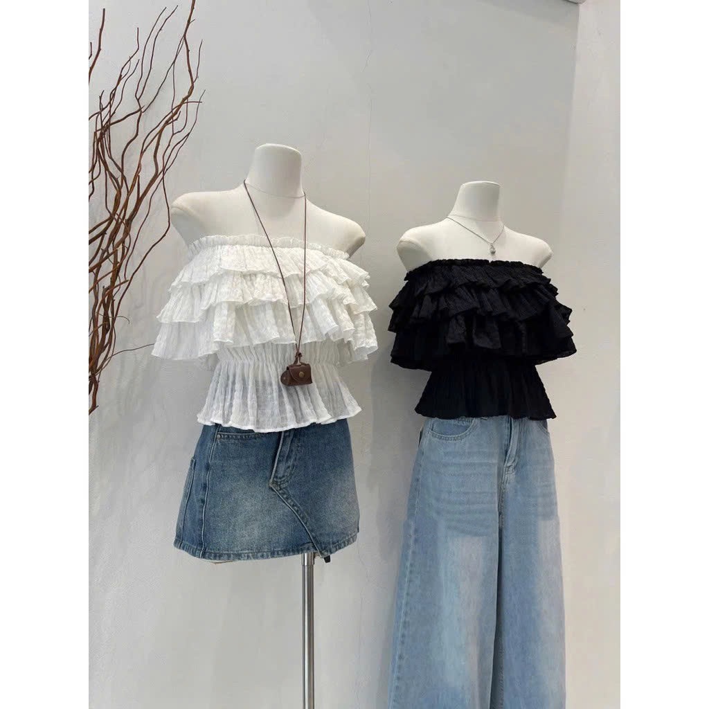 [MẶC 4 KIỂU ] ÁO NỮ TRỄ VAI NHÚN 3 TẦNG PUDDING TOP - ÁO LỆCH VAI MÙA HÈ ĐI BIỂN MÀU ĐEN/TRẮNG | BigBuy360 - bigbuy360.vn