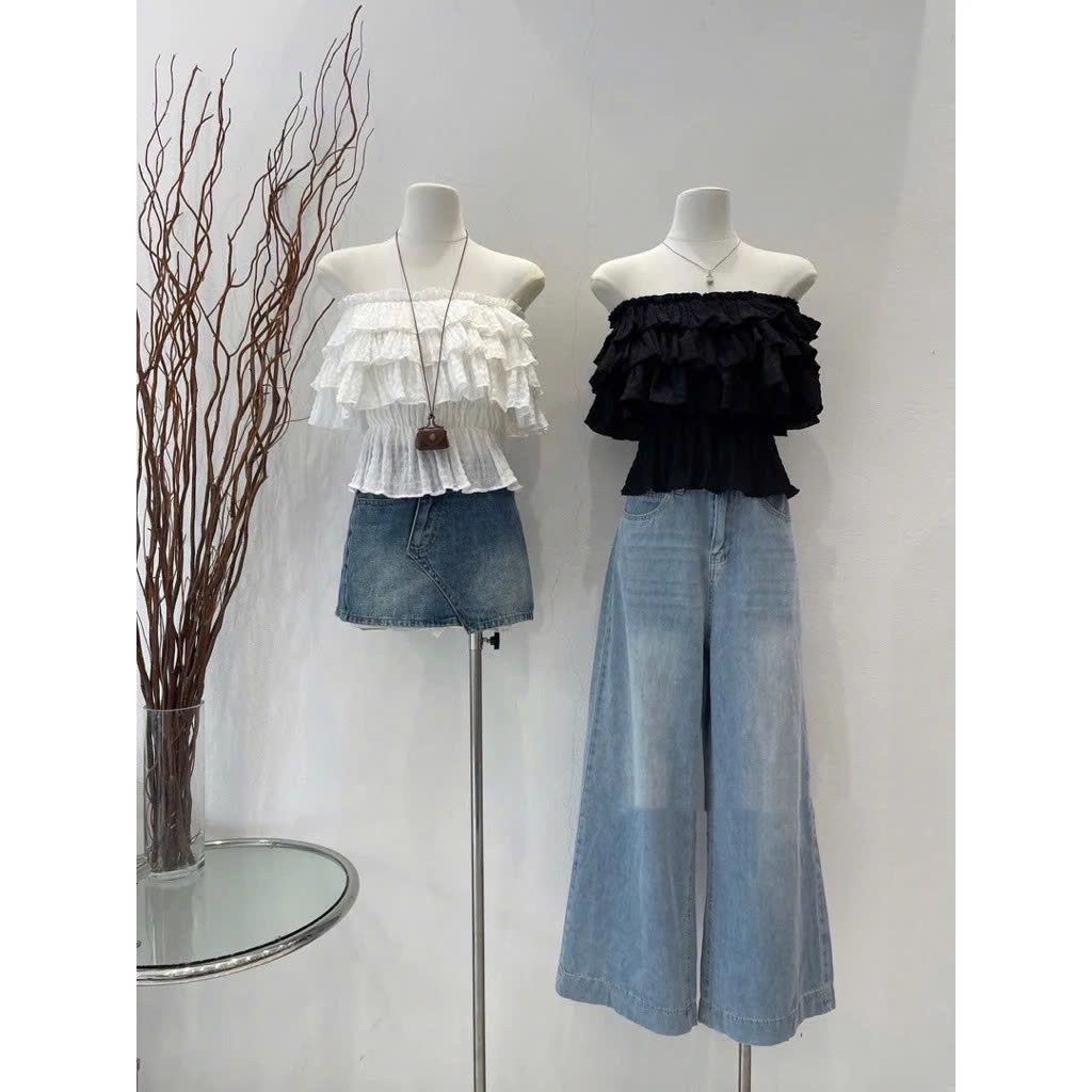 [MẶC 4 KIỂU ] ÁO NỮ TRỄ VAI NHÚN 3 TẦNG PUDDING TOP - ÁO LỆCH VAI MÙA HÈ ĐI BIỂN MÀU ĐEN/TRẮNG | BigBuy360 - bigbuy360.vn