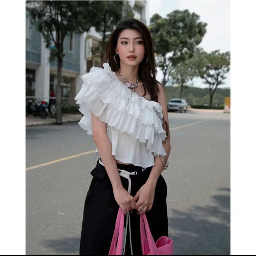 [MẶC 4 KIỂU ] ÁO NỮ TRỄ VAI NHÚN 3 TẦNG PUDDING TOP - ÁO LỆCH VAI MÙA HÈ ĐI BIỂN MÀU ĐEN/TRẮNG | BigBuy360 - bigbuy360.vn