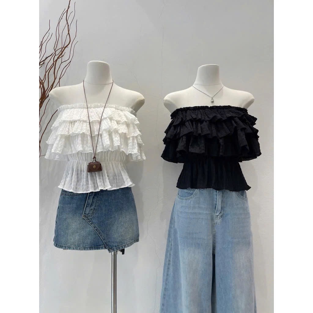 [MẶC 4 KIỂU ] ÁO NỮ TRỄ VAI NHÚN 3 TẦNG PUDDING TOP - ÁO LỆCH VAI MÙA HÈ ĐI BIỂN MÀU ĐEN/TRẮNG | BigBuy360 - bigbuy360.vn