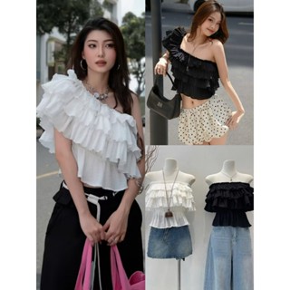[MẶC 4 KIỂU ] ÁO NỮ TRỄ VAI NHÚN 3 TẦNG PUDDING TOP - ÁO LỆCH VAI MÙA HÈ ĐI BIỂN MÀU ĐEN/TRẮNG