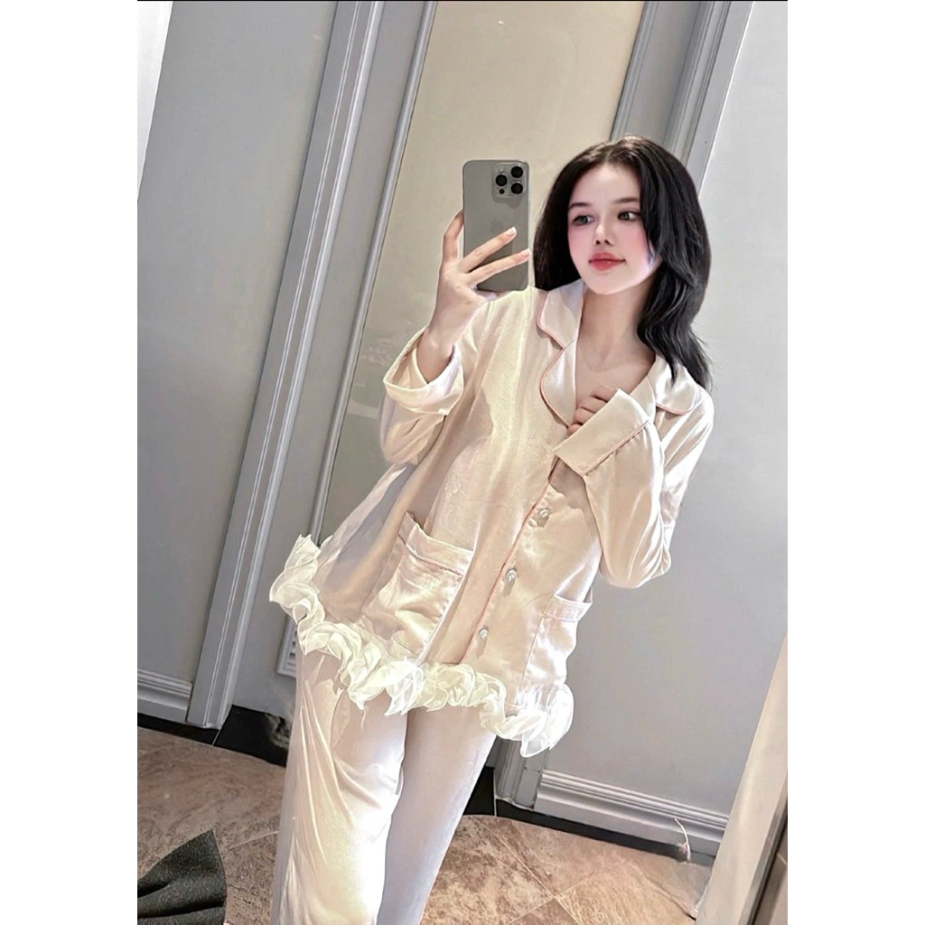 [𝐑𝐞̉ 𝐯𝐨̂ đ𝐢̣𝐜𝐡] Sét bộ ngủ pijama viền ren xoắn sang xịn chất lụa latin mềm mịn mát (freesize 40-60k