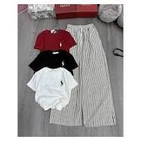 Sét áo thời trang nữ dáng ôm babyte phối quần kẻ sọc mix áo babytee  in logo ngựa nhỏ