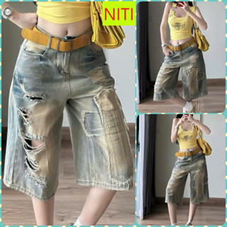 [NCTD9047] QUẦN JEANS NGỐ LỬNG NỮ QUA GỐI RÁCH CÀO ĐÙI THÊU MẢNG CHỮ THẬP MÀU XANH BỤI VÀNG LAI CUỐN TÔN DÁNG