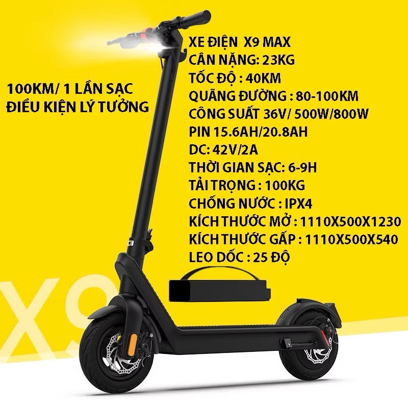 Xe scooter điện gấp gọn cho người lớn X9-PROMAX đi 100km cho 1 lần sạc - Xe Trượt Scooter Cỡ Lớn Cao