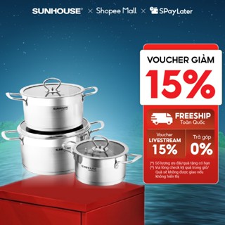 Bộ nồi inox 5 đáy Sunhouse Mama SH784: Gồm 3 nồi - Dùng mọi loại bếp - Đáy 5 lớp hạn chế cháy khét - Hàng chính hãng