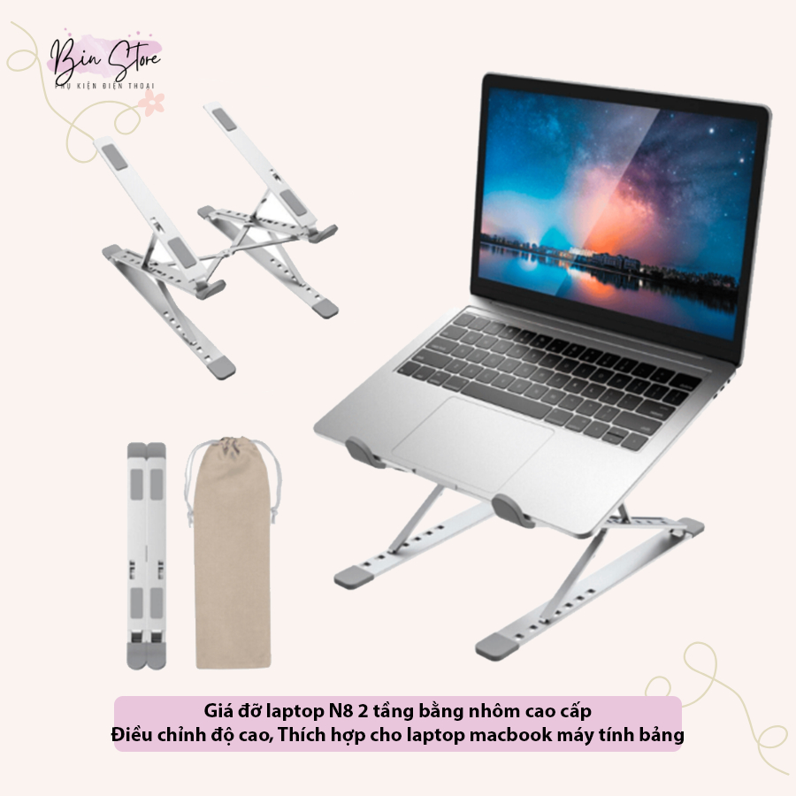 Giá Đỡ Laptop Máy Tính Bảng N8 2 Tầng Nhôm Cao Cấp, Tùy Chỉnh Độ Cao/ Kệ Laptop 2 Tầng