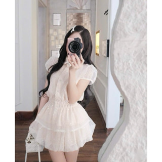 Set Áo Cổ Sen Tay Ngắn Chất Dạ Tweed Tiểu Thư Mix Chân Váy Bí Lưng Chun Phối Tơ Ren