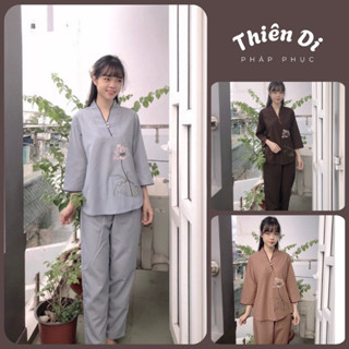 Đồ lam đi chùa nữ Thiên Di pháp phục lễ chùa chất kate silk nút ngọc thêu sen D39