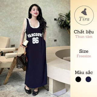 Váy bầu suông sát nách TIRA MAMA Váy 3 lỗ thun tăm Váy bigsize dáng dài phối bèo in số thể thao
