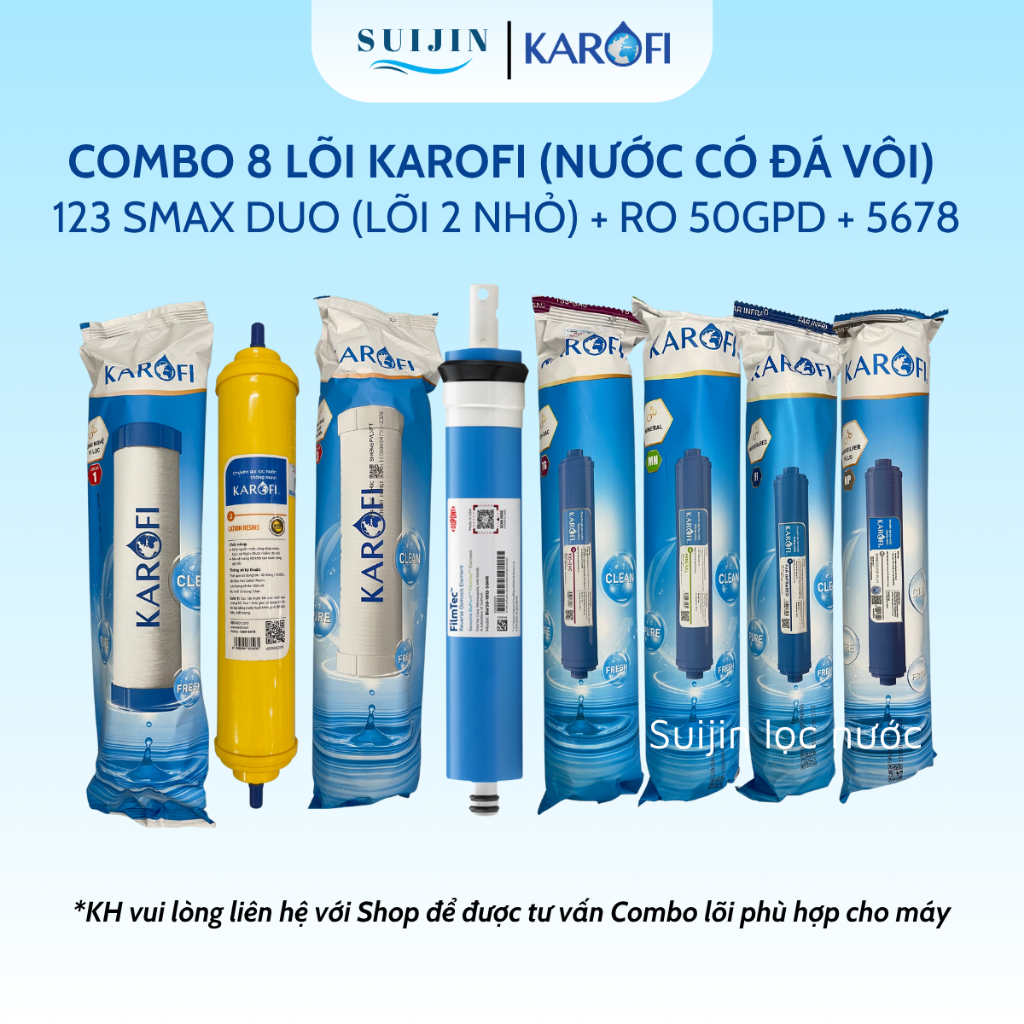 Combo 8 Lõi Lọc Nước Karofi Gồm Lõi 123 (Lõi 2 Cation Nhỏ) - Màng RO Dupont 50GPD - 4 Lõi Chức Năng 