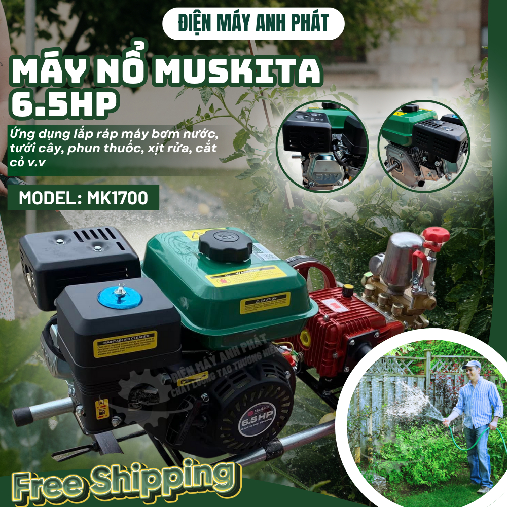 Động Cơ Xăng 4 Thì, Đầu Máy Nổ 6.5Hp Côt Thẳng, Cốt Xéo Muskita/ HTC, Nhỏ Gọn Tiết Kiệm Nhiên Liệu