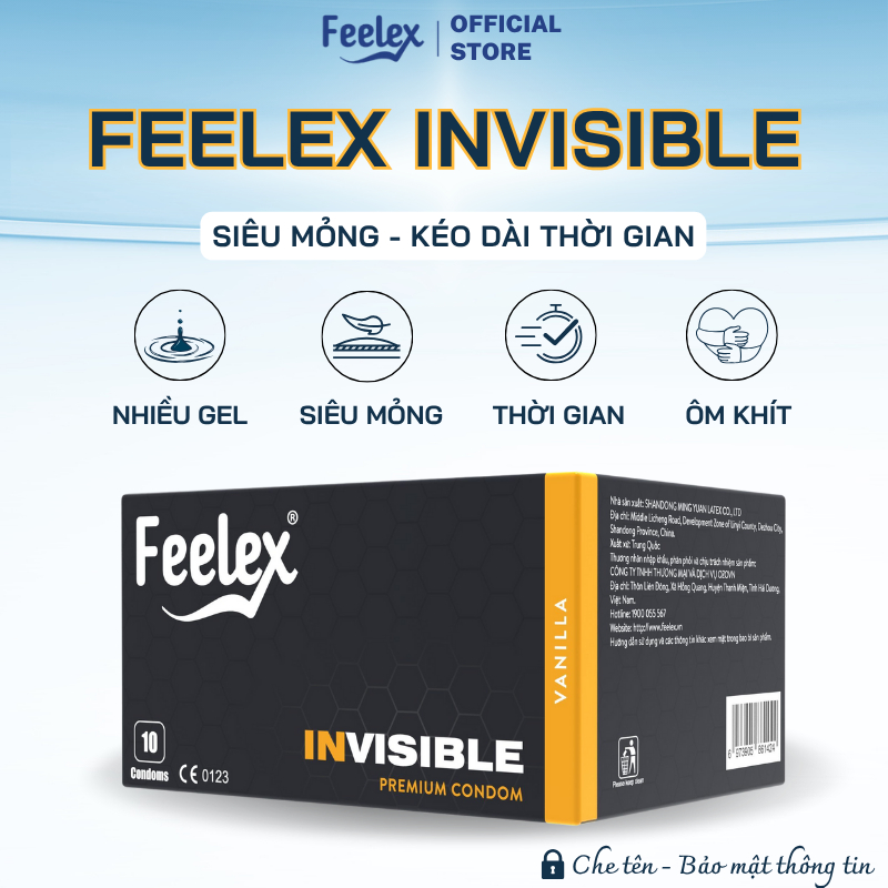Bao cao su Feelex Premium siêu mỏng, gân gai, kéo dài thời gian, nhiều gel, hương vani hộp 10c bcs