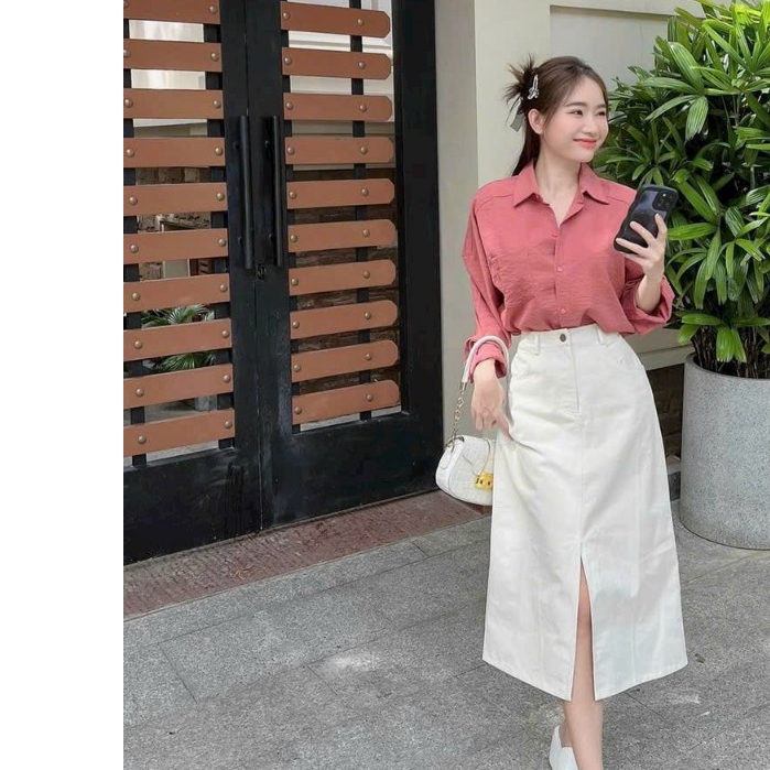 Set váy thời trang nữ đi chơi chất lụa cổ sơmi tay dài túi váy kaki dáng dài maxi sang chảnh